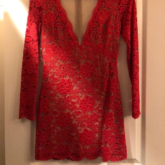 BEBE Long Sleeve Red Lace Mini Dress (Size Small) - Picture 5 of 6